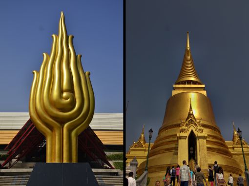Wat Phra Kaew Temple-Right Photo-(Left Photo-Queen Sikirit National Convention Centre Sculpture